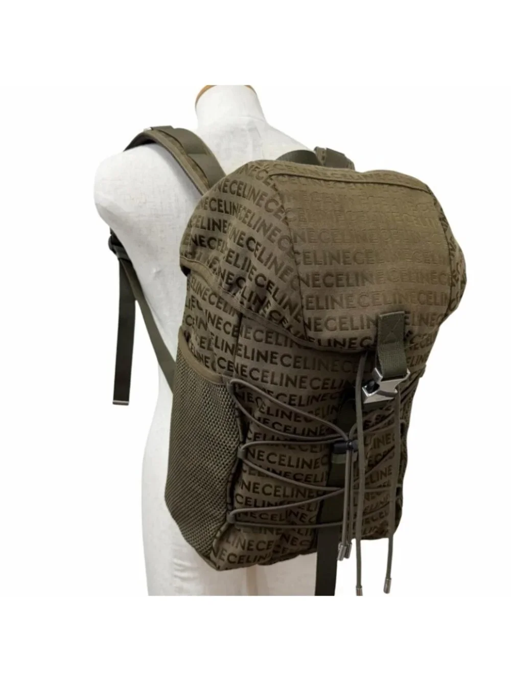Celine Canvas Partial Leather Logo All Over Pattern Trekking Backpack Khaki - Picture 3 of 10